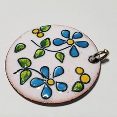 Vintage Enamel On Copper Pendant Floral Colorful 1.25″ Double Sided