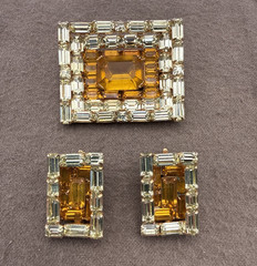 Vintage Tortolani Yellow Rhinestone Baguette Brooch And Clip On Earring Set