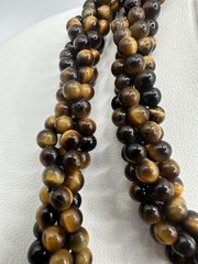 VTG 29In 4 Strand Tigers Eye Bead Necklace Caviar Gold Tone Fish Hook Clasp Read