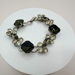 Vintage Silver Tone Chunky Rhinestone Bracelet Gray Emerald Cut Geometric Retro