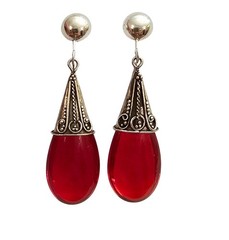 Sterling Red Glass Tear Drop Capped Dangle Clip On Earrings J505