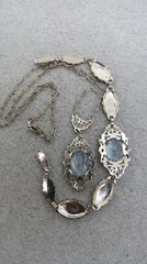 Antique Necklace Bracelet Silver Filigree Purple Stones Rose Gold Accent Flower