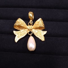 Dauplaise Gold Tone Bow Pendant with Faux Pearl Dangle (No Chain)