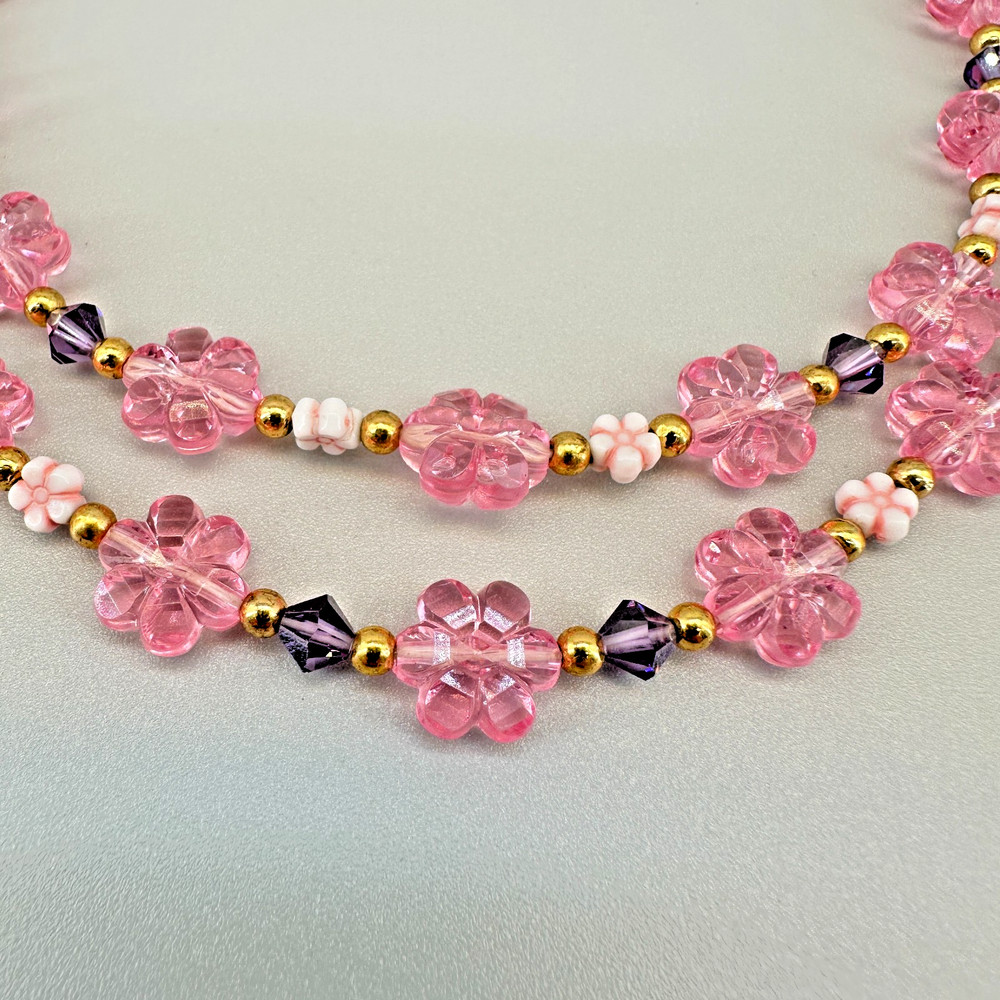 Vintage Flower Bead Necklace Pink Lucite Double Strand Gold Tone Findings Hippy