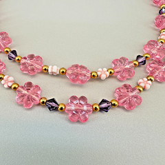 Vintage Flower Bead Necklace Pink Lucite Double Strand Gold Tone Findings Hippy