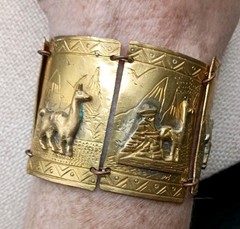 Vintage Peruvian Alpaca Bracelet Story Teller Gold Tone Brass Wide Cuff Repousse