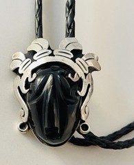 TAXCO CHEO 925 STERLING SILVER AZTEC BOLO BLACK ONYX? STONE LEATHER TIE SIGNED