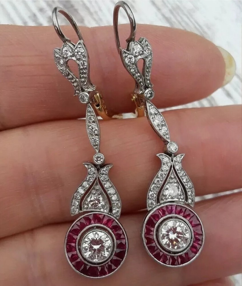 Art Deco Vintage Dangle Drop Earrings 14K White Gold 2.4 Ct Lab Created Diamond