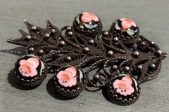 Vintage Russian Rostov Finift Filigree Hand-Painted Porcelain Cabochons Brooch