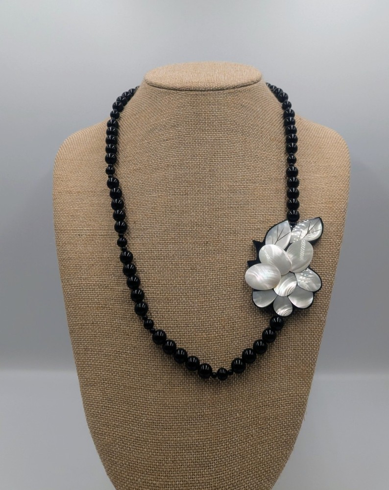 Karla Jordan Black Beaded Necklace + White Mother-of-Pearl Shell Flower Design