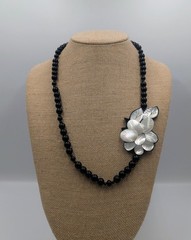 Karla Jordan Black Beaded Necklace + White Mother-of-Pearl Shell Flower Design