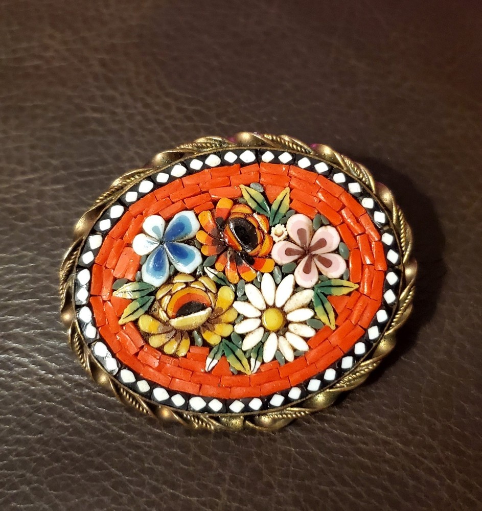 Vintage Micro Mosaic Daisy and Roses Oval Brooch – Made in Italy