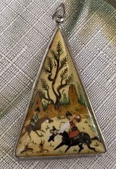 Vintage sterling hand-painted Persian mother-of-pearl 2″ pendant double sided