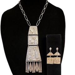 60s-70s Egyptian Revival Necklace & Earrings in Silver Tone Metal. Vintage Set.
