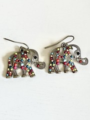 Vintage Elephant Dangle Earrings Silver Tone Multicolor Beaded Boho Hippy Global