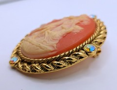 Vintage Figural Cameo Brooch Pendant Classical Scene AB Rhinestones Gold Tone