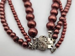 Vintage 3 Strand Bronze Burgundy Beaded Necklace Layered 26″ Box Clasp Heavy