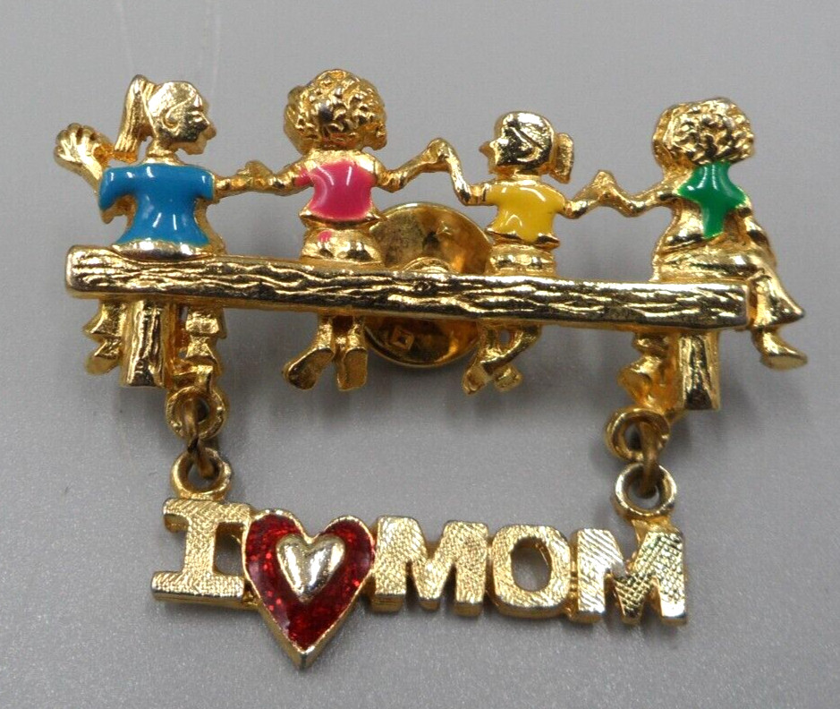 Vintage I Heart Mom Brooch Love Mother of 4 Enamel Children Mother’s Day Gift
