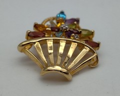 Vintage Colorful Stones Flower Basket 14K Yellow Gold Brooch Pin