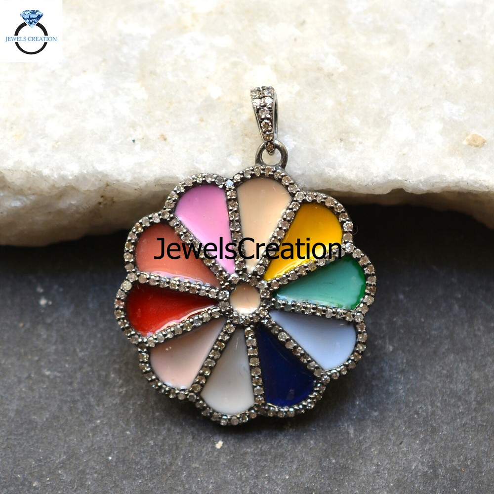Natural Pave Diamond Multi Enamel Flower Pendant 16″ Link Chain 925 Silver Gift