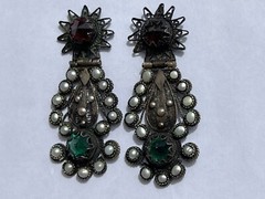 ANTIQUE ARMENIAN BYZANTINE REVIVAL OTTOMAN PEARL COIN SILVER JEWELED EARRINGS