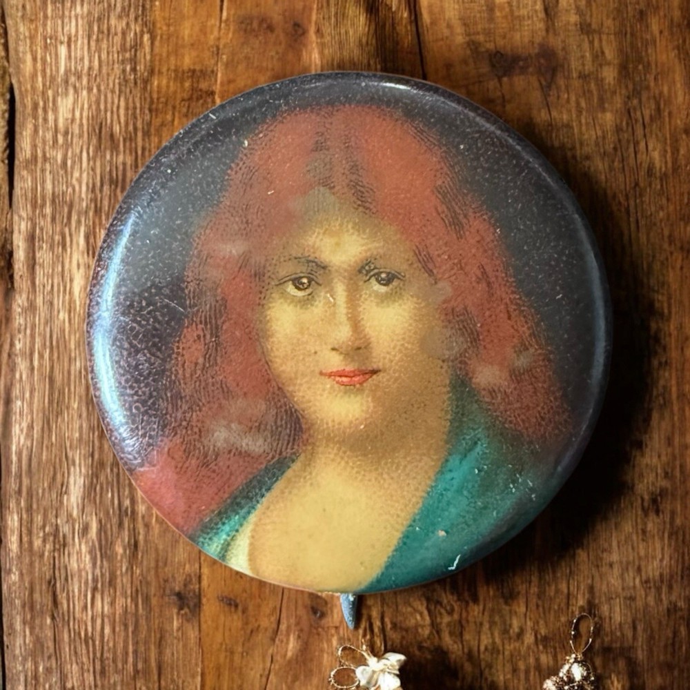 Antique Lithograph Portrait Pin Redhead Woman 1900s Metal Novelty Brooch