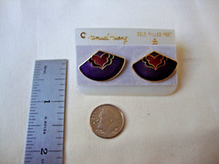 VINTAGE SAMUEL HUANG CLOISONNE RETRO ABSTRACT FAN RED BLACK & PURPLE EARRINGS