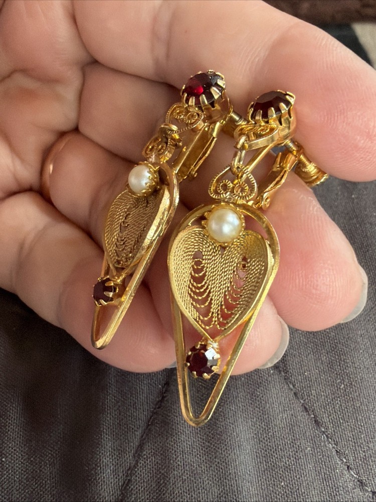 Vintage Hobe Clip Screw Earrings Openwork Filigree Faux Pearl Red Garnets Dangle
