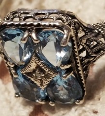 Art Deco Antique Blue Topaz Diamond Accent Ring & Earrings Set,Size 10, 925 &CNA