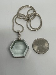 Vintage Aqua Hexagon Glass Locket Pendant Necklace 925 Sterling Silver 20”