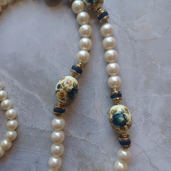 Vintage Japan Transferware Blue Floral Bead & Faux Pearl Station Necklace