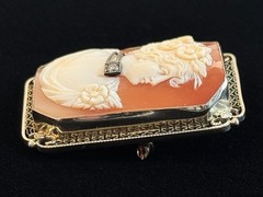 Antique 14K White Gold Shell Cameo Brooch Diamond Filigree Frame 30mm 11.4g