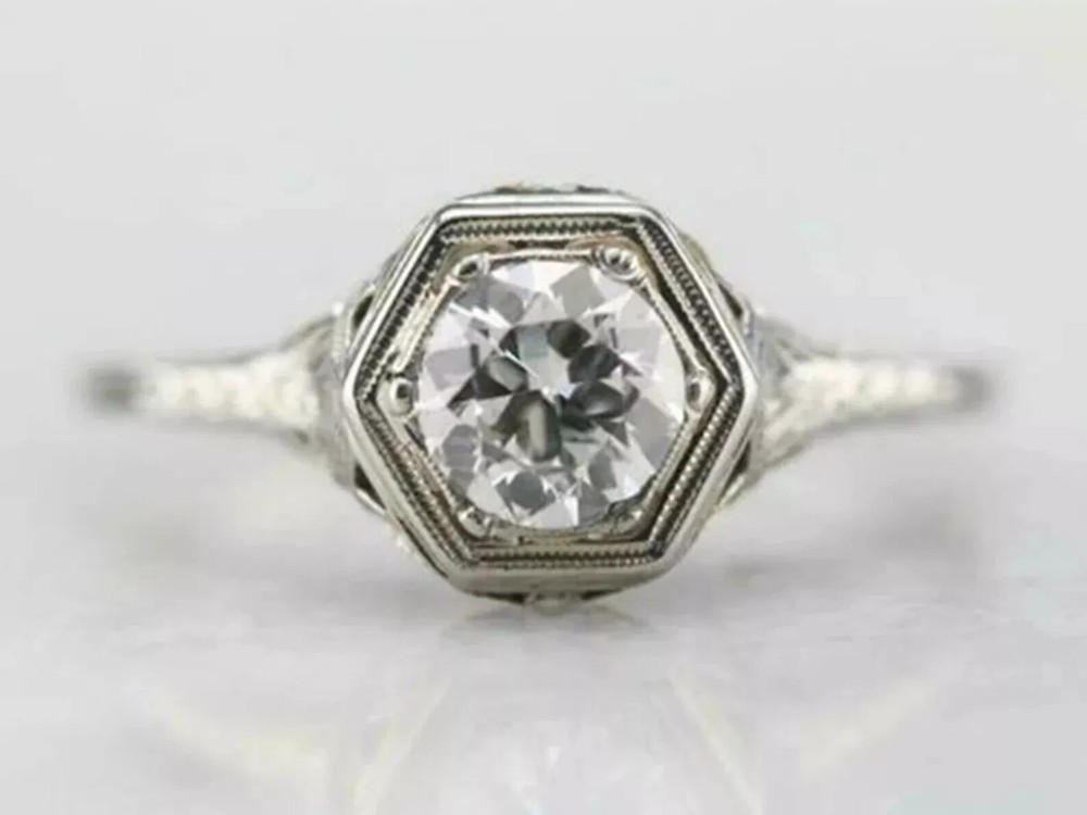 Vintage Art Deco 1Ct Round Lab Created Diamond 14K White Gold FN Engagement Ring