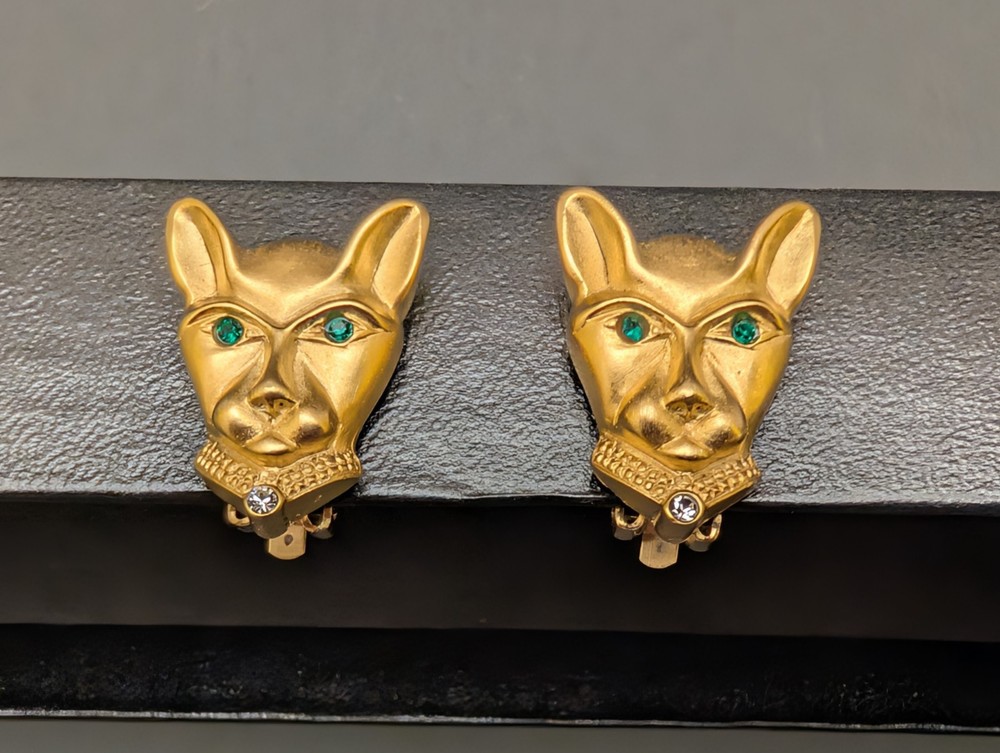 VTG Jackie Collins Panther Earrings Green Eyes Gold Tone Clip On Designs Signed