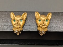 VTG Jackie Collins Panther Earrings Green Eyes Gold Tone Clip On Designs Signed