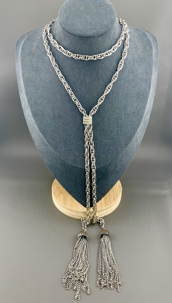 Vintage Tassel Necklace Rhinestone Bolo Style Silver Tone Chain 26”