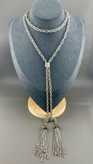 Vintage Tassel Necklace Rhinestone Bolo Style Silver Tone Chain 26”