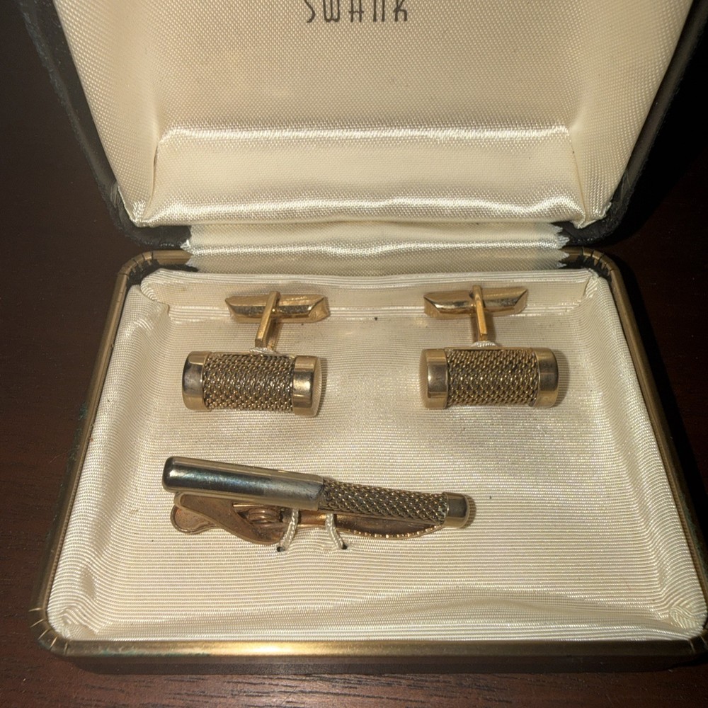 Vintage Swank Cufflink/Tie Bar Set Gold Tone cylindrical Art Deco Original Box