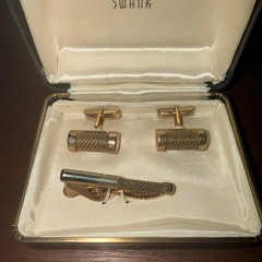 Vintage Swank Cufflink/Tie Bar Set Gold Tone cylindrical Art Deco Original Box