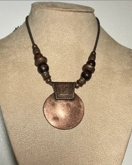 VCLM Vintage Boho Copper Tone Hammered Disc Pendant Wood Bead Cord Necklace