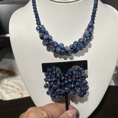 VINTAGE SET WEST GERMANY ART GLASS BLUE LAPIS WATERFALL EARRINGS NECKLACE