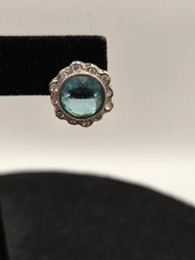 Vintage Faux Aquamarine Stud Earrings Silver Tone Scalloped Halo Crystal Border