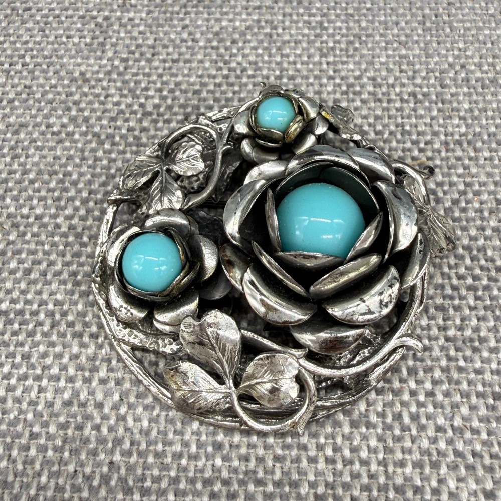 Vintage Brooch Silver Tone Flowers and Leaves Blue Stones 2 Inches