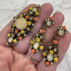 Vintage ART Arthur Pepper Enamel Floral Clip Earrings & Brooch Moonstone Glass