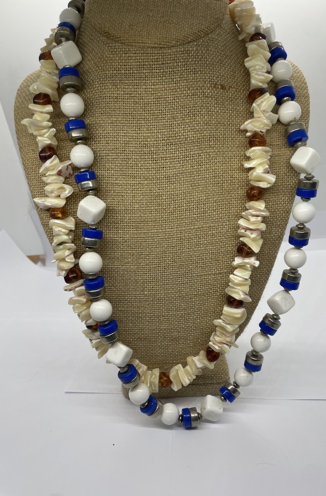 Lot 2 Pc Vtg Chunky Necklaces Blue Silver & White & Shell w Faux Amber Nuggets