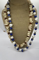 Lot 2 Pc Vtg Chunky Necklaces Blue Silver & White & Shell w Faux Amber Nuggets