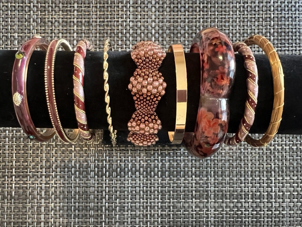 Lot 9 Pc Gold Tone Metal & Mauve Pink Burgundy Bangle Cuff Bracelet Jewelry G5