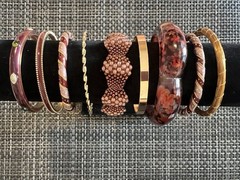 Lot 9 Pc Gold Tone Metal & Mauve Pink Burgundy Bangle Cuff Bracelet Jewelry G5