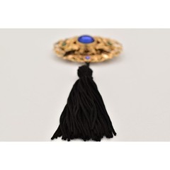Vintage Cabochon Tassel Pin Brooch Lightweight Antiqued Gold Blue Black BinBG