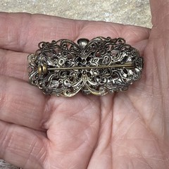 vintage purple rhinestone enamel bar brooch silver tone AB 2″